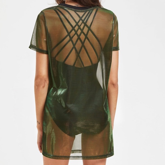 Contrast Ribbed Neck Metallic Sheer Dress - Picture 2 of 3